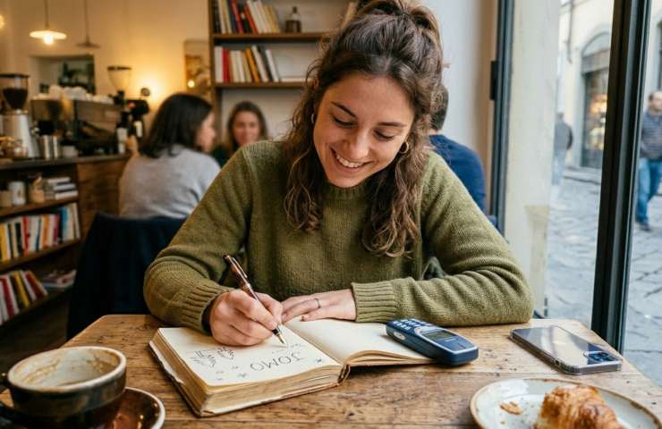 Una giovane donna sorridente scrive su un diario cartaceo in un caffè, illustrando la Joy of Missing Out (JOMO) nel 2026.