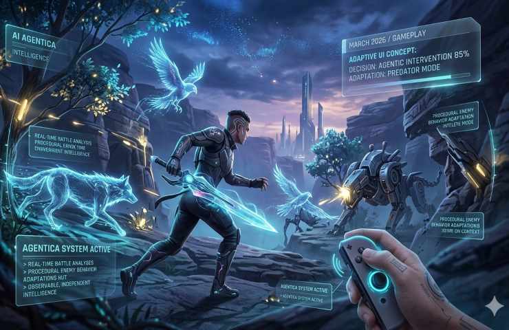 AI che controlla agenti intelligenti in un videogioco d'azione futuristico, con interfaccia utente dinamica e ologrammi.