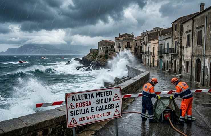 Allerta Meteo Rossa in Sicilia e Calabria: onde giganti del Ciclone Harry colpiscono un borgo costiero. Soccorritori della Protezione Civile al lavoro tra pioggia e mareggiata violenta per posizionare barriere d'emergenza. Cartello stradale visibile con scritta 'ALLERTA METEO ROSSA - SICILIA E CALABRIA'.