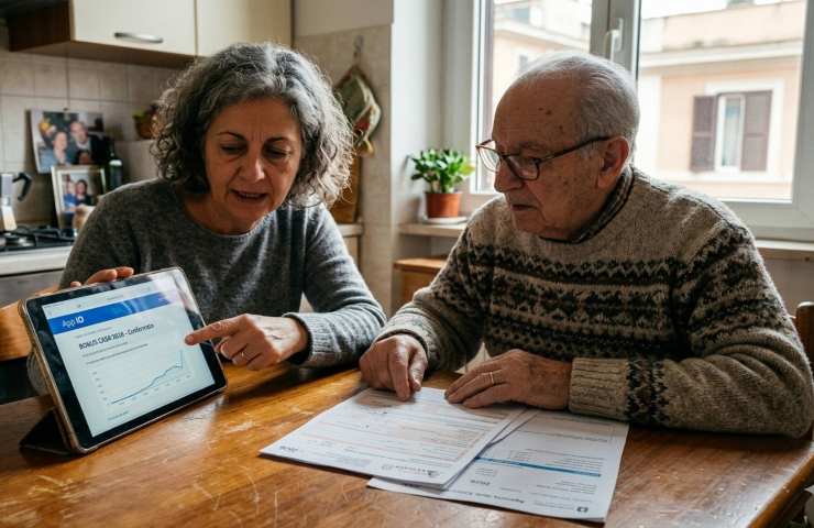 Donna e anziano consultano tablet e documenti fiscali per Bonus Casa 2026.