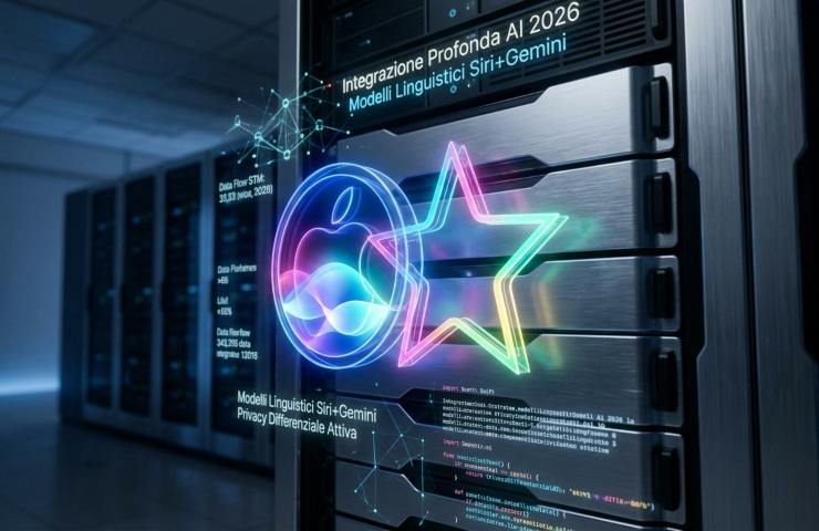 Primo piano di server nel 2026 con loghi olografici fusi di Siri e Gemini; proiezioni dati mostrano 'Integrazione Profonda AI' e 'Privacy Differenziale Attiva'.