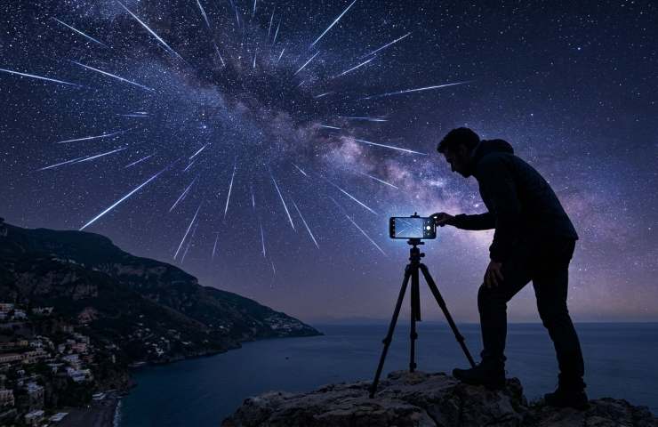 Fotografo scatta una lunga esposizione alle Eta Aquaridi con uno smartphone su treppiede; anteprima dello schermo che mostra come catturare le meteore della Cometa di Halley senza sfocature.