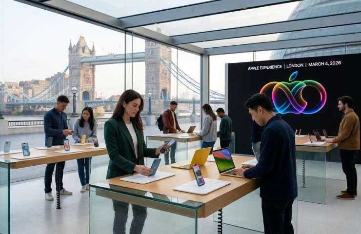 Giornalisti tech testano il nuovo iPhone 17e e i MacBook 2026 durante l'evento hands-on Apple Experience a Londra la mattina del 4 marzo