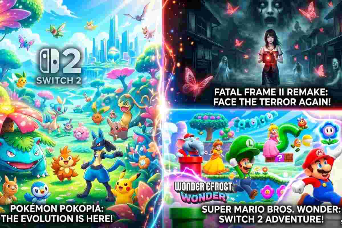 Raffigurazioni dei videogiochi per Nintendo Switch 2 Pokémon Pokopia, Fatal Frame II: Crimson Butterfly Remake e Super Mario Bros. Wonder - Switch 2 Edition.