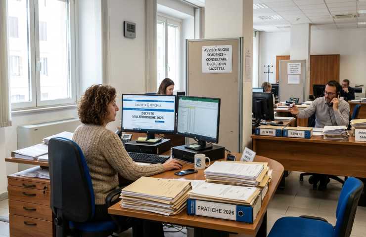 Interno di un ufficio amministrativo italiano con dipendenti al lavoro, faldoni di pratiche 2026 e monitor che mostra il Decreto Milleproroghe in Gazzetta Ufficiale.