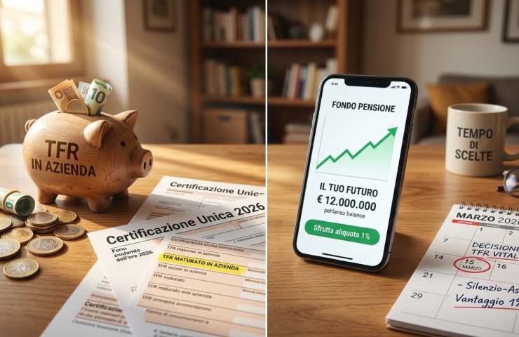 Un salvadanaio per il TFR in azienda, uno smartphone per il fondo pensione, e un calendario di marzo 2026 segnato per la scelta: quale conviene?