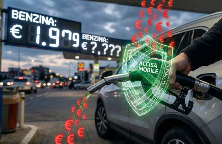 Primo piano di un erogatore di benzina protetto da uno scudo digitale verde mentre blocca l'aumento dei prezzi e il caro carburante.