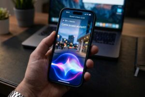 Primo piano di un iPhone nel 2026 che mostra l'interfaccia ibrida Siri-Gemini 6 con animazione a battito cromatico blu e viola su sfondo ufficio moderno; l'utente attiva la nuova modalità AI integrata su iOS.