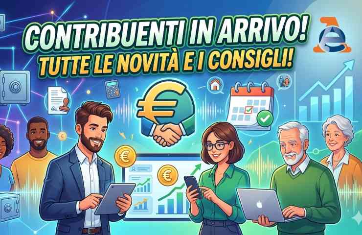 Illustrazione a tema fiscale con contribuenti, grafici finanziari e simbolo dell'euro.