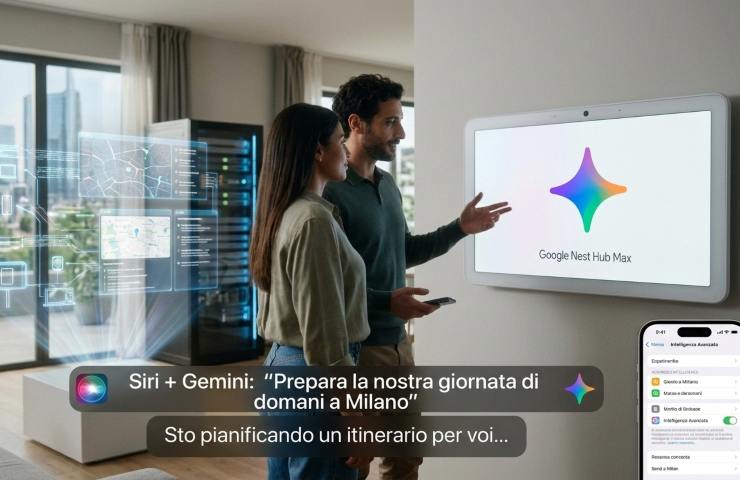 Coppia italiana usa iPhone e Google Nest Hub con l'intelligenza Siri+Gemini integrata per pianificare la giornata a Milano; l'app mostra 'Intelligenza Avanzata' attiva su iOS.