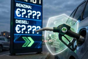 Erogatore di carburante con display digitale che mostra il calo dei prezzi di benzina e diesel grazie all'accisa mobile.