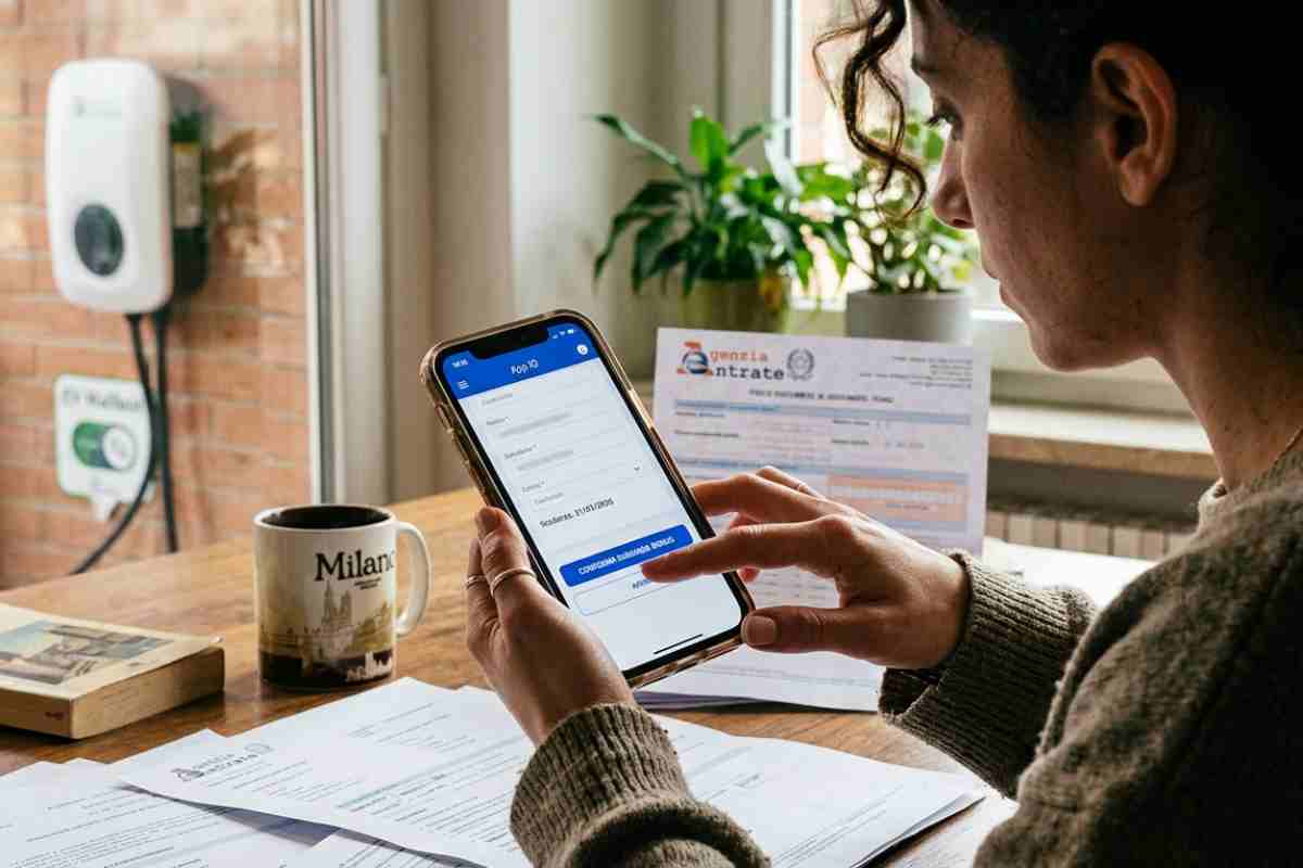 Primo piano di donna italiana che utilizza smartphone per compilare modulo domanda Bonus Colonnine 2026 su App IO, con documenti Agenzia Entrate e wallbox elettrica sfocata sullo sfondo.