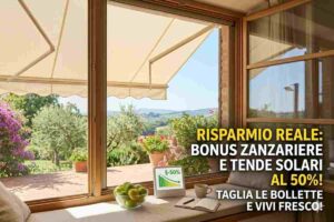 Infografica Bonus 2026 su risparmio energetico con tende solari e zanzariere per detrazione 50% e taglio bollette.