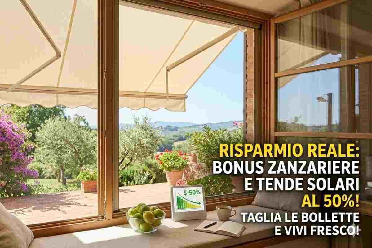 Infografica Bonus 2026 su risparmio energetico con tende solari e zanzariere per detrazione 50% e taglio bollette.