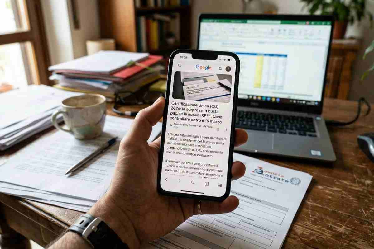 Uomo consulta la Certificazione Unica 2026 su smartphone in un ufficio domestico con documenti e laptop, focus sulla scadenza del 16 marzo.