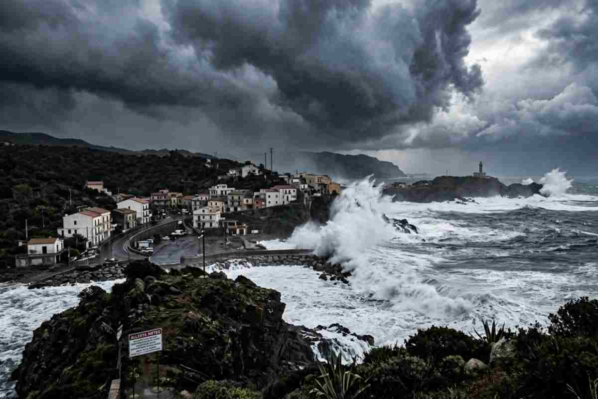 Mareggiata violenta del Ciclone Harry sulle coste della Calabria: onde giganti colpiscono un borgo marinaro del Sud Italia sotto un cielo tempestoso.