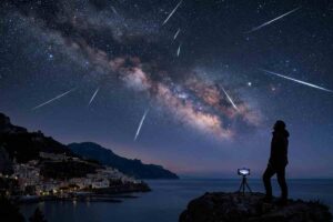 Un uomo osserva lo sciame meteorico delle Eta Aquaridi 2026 sopra la Costiera Amalfitana di notte; scie luminose dei detriti della Cometa di Halley solcano il cielo stellato sopra il mare.