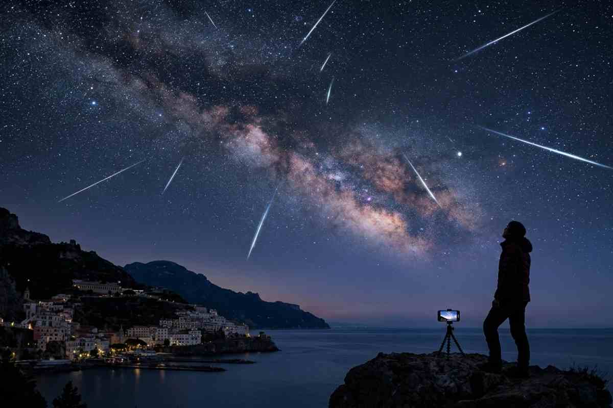 Un uomo osserva lo sciame meteorico delle Eta Aquaridi 2026 sopra la Costiera Amalfitana di notte; scie luminose dei detriti della Cometa di Halley solcano il cielo stellato sopra il mare.