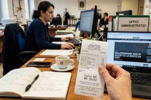 Primo piano di una ricetta elettronica con codice NRE e tazza di caffè in un ufficio, simbolo delle novità del Decreto Milleproroghe 2026 e della digitalizzazione della sanità.