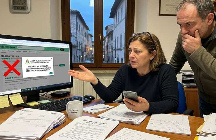 Una ristoratrice italiana e il marito sono seduti stressati davanti al computer nel loro retrobottega. Sullo schermo appare un avviso dell'AGCM: "RECENSIONE BLOCCATA - Mancata Documentazione Fiscale (DDL PMI 2026)". La scrivania è coperta di carte e fatture, a indicare la nuova burocrazia per la verifica delle recensioni.