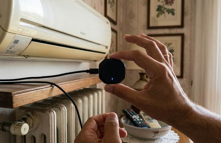 Dettaglio di un hub smart IR Wi-Fi nero con LED blu acceso collegato tramite USB, installato vicino a un condizionatore a muro e un radiatore domestico.