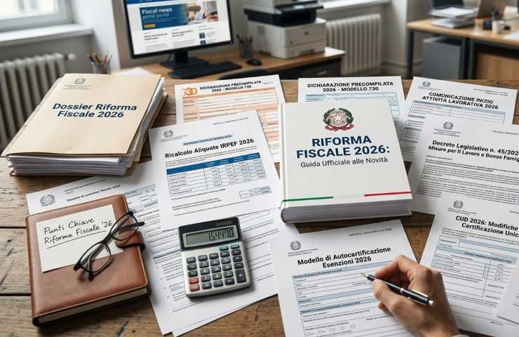 Primo piano su scrivania in legno piena di documenti cartacei ufficiali per la Riforma Fiscale 2026 in Italia.