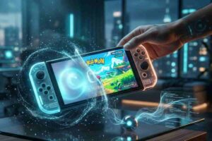 Mano che tiene la nuova Nintendo Switch 2 con schermo luminoso e interfaccia AI Agentica in un ufficio tech notturno.