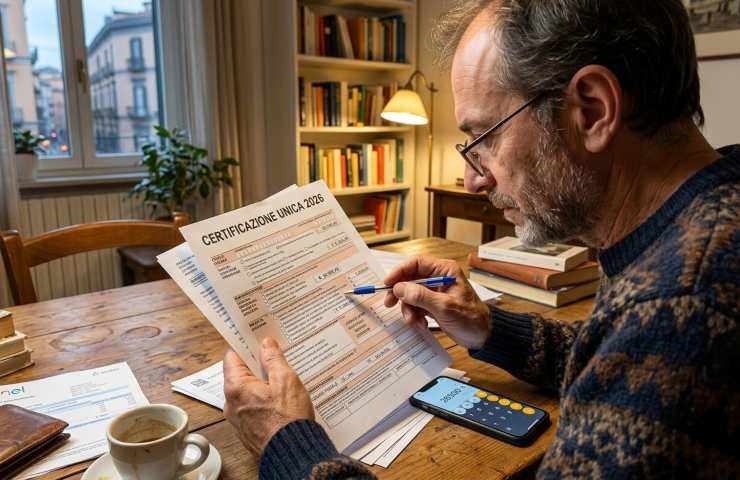 Uomo che analizza la Certificazione Unica 2026 con penna e calcolatrice dello smartphone, focalizzato sul calcolo delle nuove aliquote IRPEF e del rimborso in busta paga.