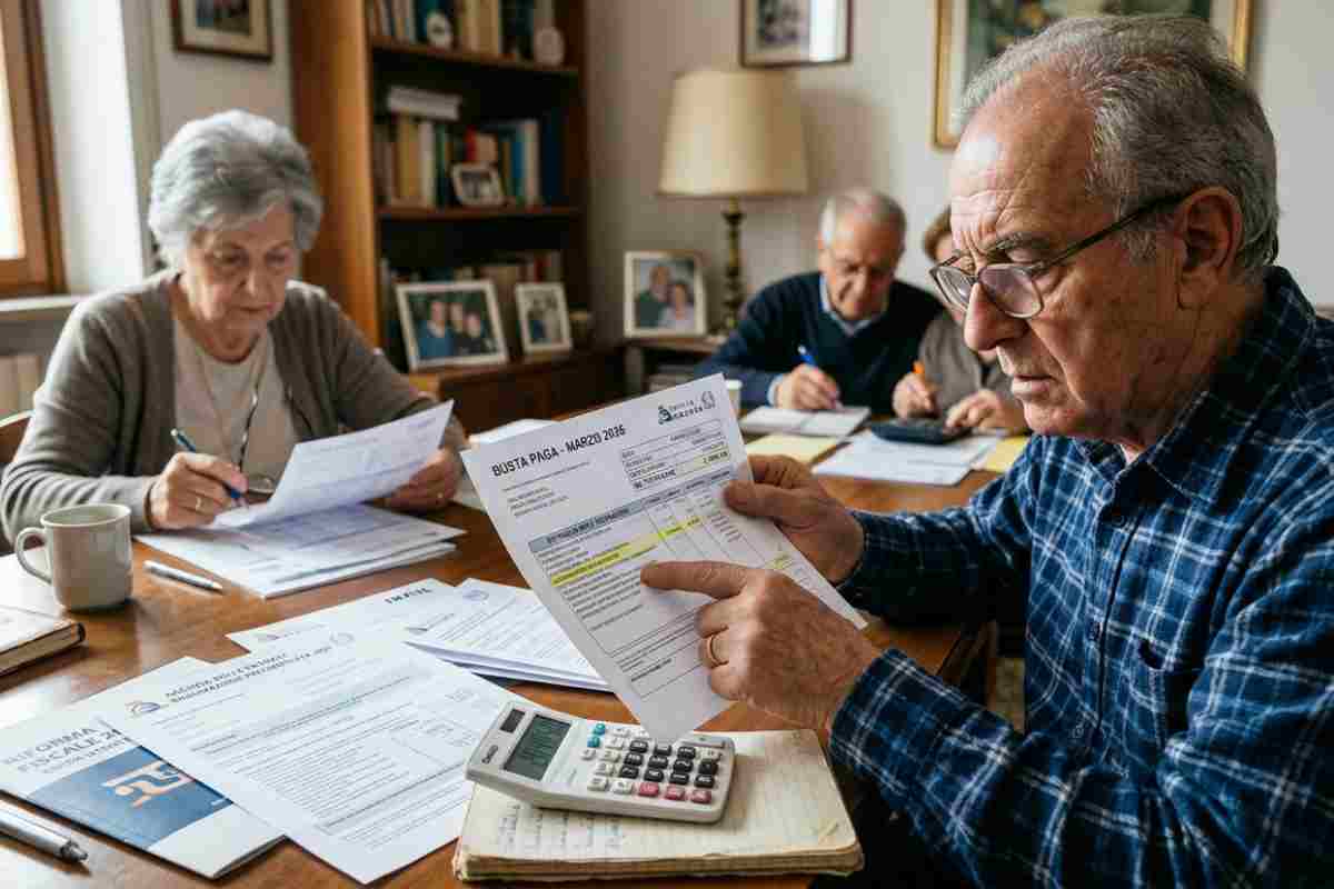 Uomo esamina la busta paga di marzo 2026 e i documenti della Riforma Fiscale per controllare Bonus e Agevolazioni su un tavolo con calcolatrice.