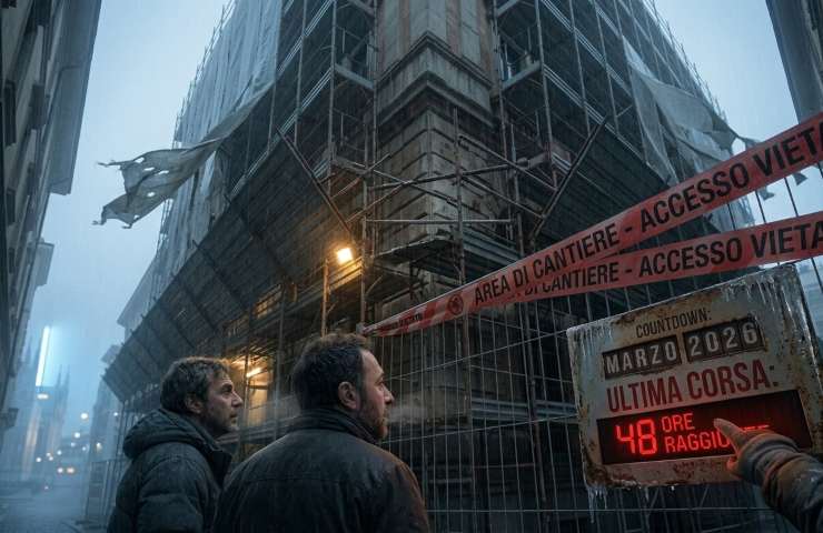 Il primo piano di un pannello digitale di controllo di un cantiere edile, con numeri luminosi rossi che segnano un conto alla rovescia e le parole "Marzo 2026", mentre una mano in guanto da lavoro aziona una leva, sullo sfondo un edificio storico sfocato all'alba.