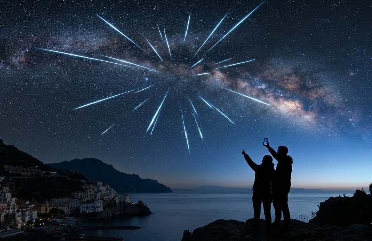 Coppia di astrofili indica il radiante delle meteore Eta Aquaridi nel cielo notturno limpido; esplosione di stelle cadenti che si irradiano dalla Via Lattea durante il picco di maggio 2026.