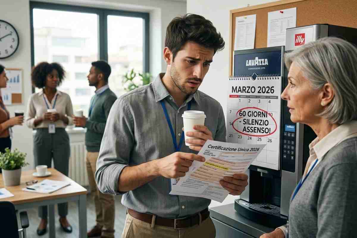 Due colleghi discutono preoccupati sul TFR e la Certificazione Unica 2026, con un calendario sullo sfondo che ricorda la scadenza di marzo.