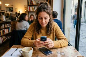 Una giovane donna in un caffè fiorentino utilizza un telefono analogico vintage, simbolo del trend Digital Detox 2026.