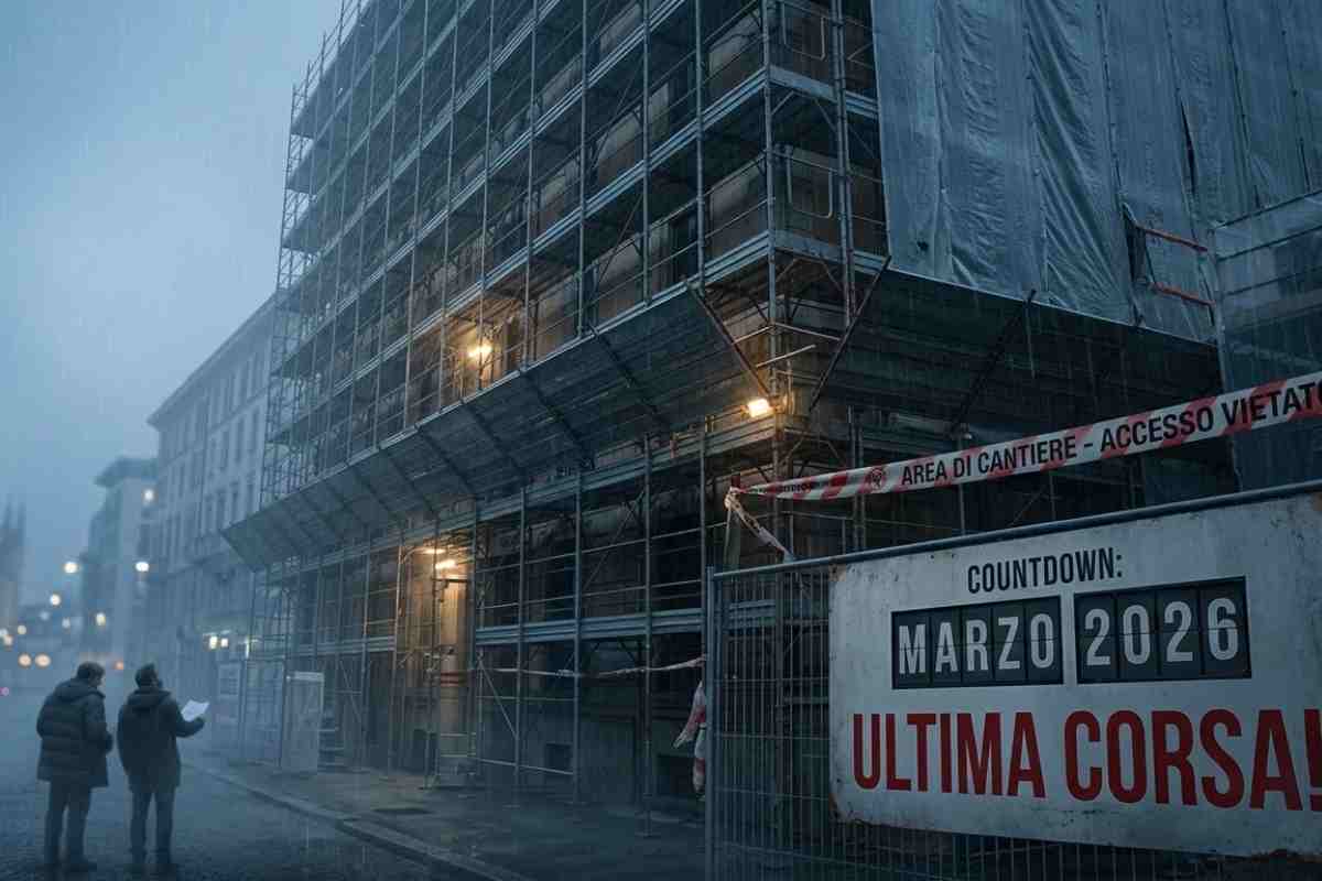 Un imponente edificio storico italiano coperto da ponteggi e teli protettivi all'alba, avvolto nella nebbia mattutina, con un cartello in primo piano che recita "Marzo 2026: Ultima Corsa!" e due figure lontane che osservano la scena.